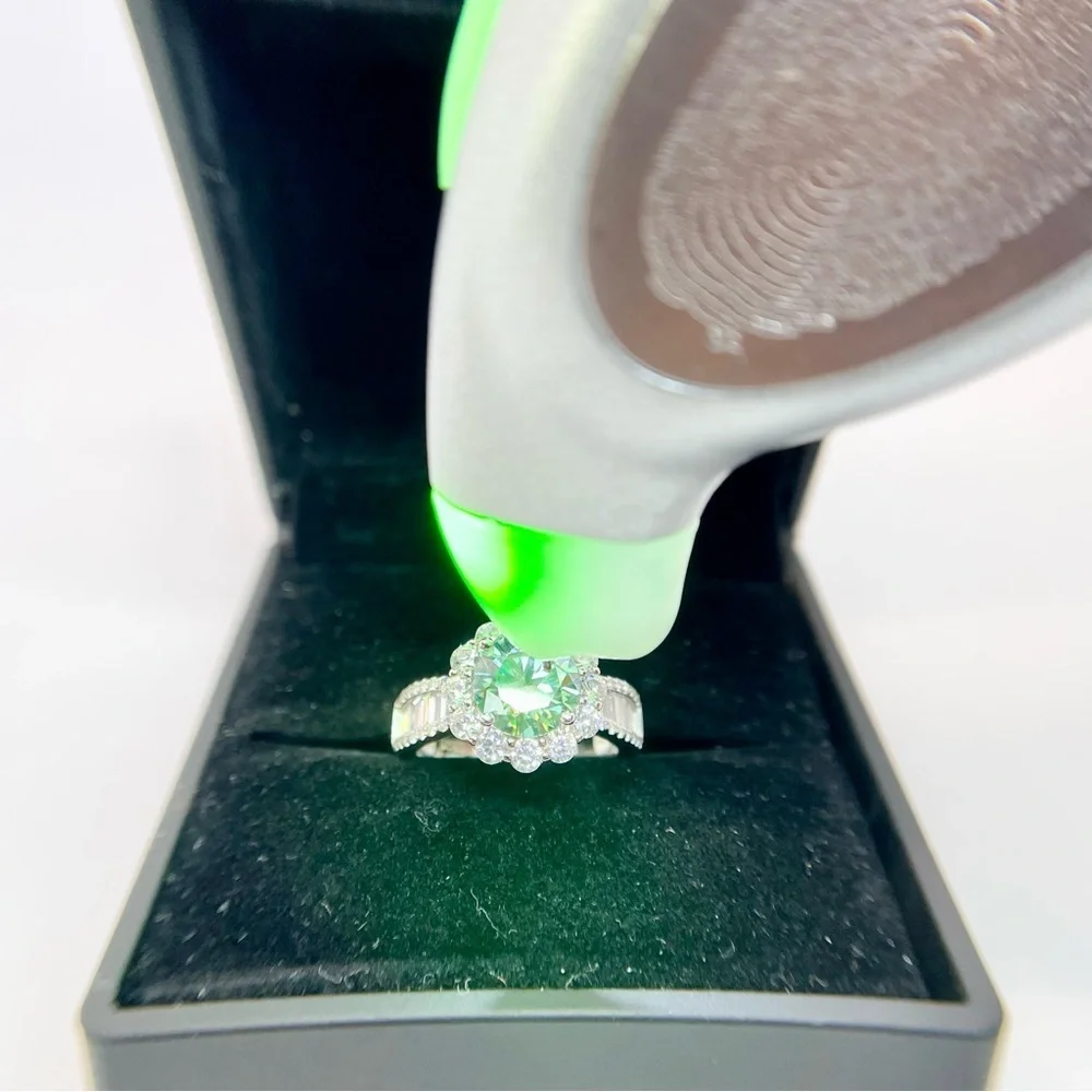 Moissanite Halo Ring Aqua Blue Center & Baguette Accents 18K White Gold Finish - Picture 4 of 16